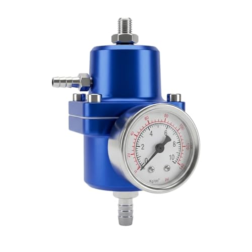 Universal Adjustable Fuel Pressure Regulator Kit 0-140 PSI Gauge Blue Aluminum FPR 11cm(4.33") Height for Gasoline Injection Performance (Blue) - color: Blue