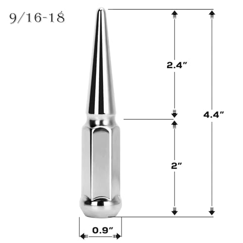 DYNOFIT 9/16-18 Wheel Spike Lug Nuts, 32x Chrome 9/16 inchx18 Lug Nut with 1 Socket Key, DYNOFIT 4.4'' Tall Closed End Lug Nuts for 1994-2011 Dodge Ram 1500 2500 3500/1988-1998 F250 F350 - color: Silver, size: 9/16"-18 32pcs