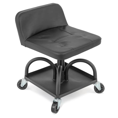 M-AUTO Padded Seat Garage Stool on Wheels, 16”-21” Height Adjustable Swivel Mechanics Seat with Tool Tray Storage for Garage and Garden, 300lbs Capacity - size: 21" Square