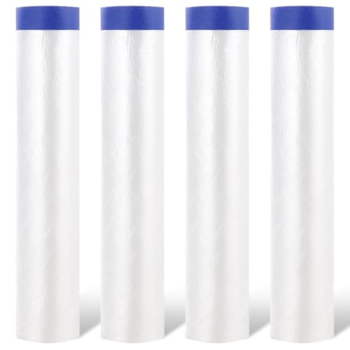 4 Rolls Painters Plastic with Tape 8.8 x 88 Feet Pre-Taped Masking Film Paint Plastic Covering for Painting, Automotive Covering and Appliance Protection