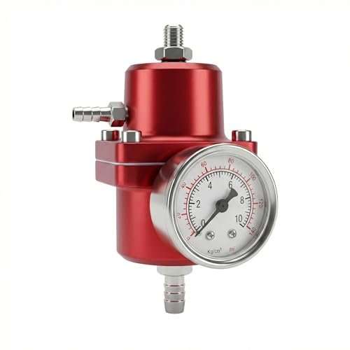 Universal Adjustable Fuel Pressure Regulator Kit 0-140 PSI Gauge Blue Aluminum FPR 11cm(4.33") Height for Gasoline Injection Performance (Red) - color: Red