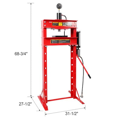 30 Ton Air Hydraulic H-Frame Shop Press with Gauge, Red, Adjustable Garage Floor Press for Bending, Straightening, and Auto Repair