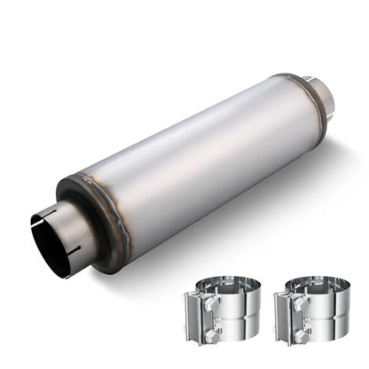LCGP 5" Exhaust Muffler&Clamp, 5'' Inlet & Outlet, 8" x 24" Body 30" Overall Length Universal Resonator, Performance Straight Through Slotting Design Welded on Exhaust Tip, Stainless Steel Mufflers - size: 5" Inlet 30" Overall Length(8" wide)