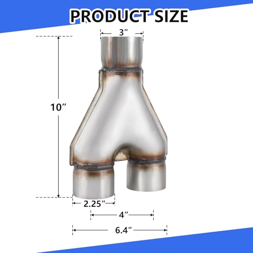 409 Stainless Steel Diesel 3''inlet/2.25''outlet Exhaust Y-Pipe, 3 Inch Single/2.25 Inch ID Dual Pipe 10" Overall Length - size: 3" Single-2.25" Dual