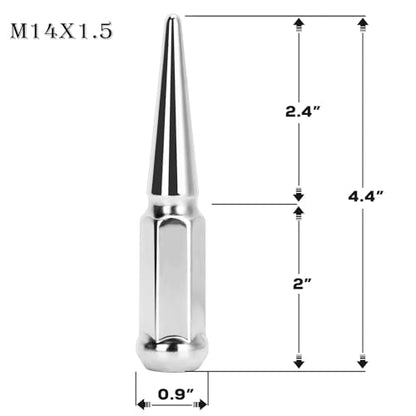 DYNOFIT 14mmx1.5 Spike Lug Nuts, 32PCS Chrome M14x1.5 Lug Nut, 4.4 inch Tall Closed End Nuts with 1 Socket Key Compatible with 1999-2026 Chevy Silverado 1500 GMC Sierra 2500HD,2003-2026 F250 F350 - color: Silver, size: M14x1.5 32 pcs