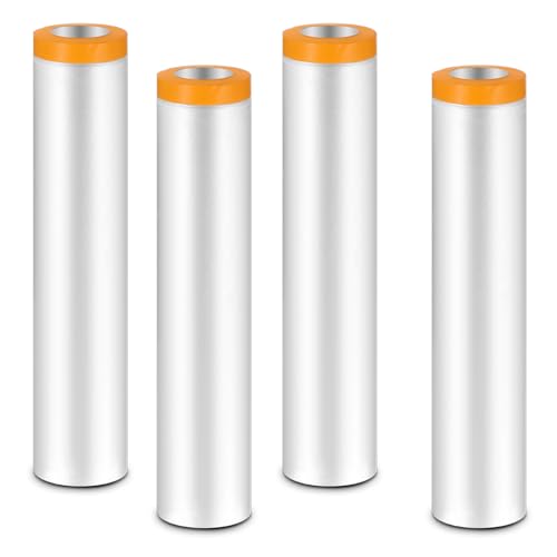 4 Rolls Pre-Taped Masking Film for Painting, 8.8 x 65 Feet Painters Plastic with Tape, Automotive Best Tape and Drape, Plastic Painting Film for Covering Cars, Walls, Windows and Furniture Protection
