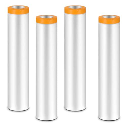 4 Rolls Pre-Taped Masking Film for Painting, 8.8 x 65 Feet Painters Plastic with Tape, Automotive Best Tape and Drape, Plastic Painting Film for Covering Cars, Walls, Windows and Furniture Protection