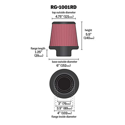 K&N High-Flow Original Lifetime Universal Clamp-On Air Filter: High Performance, Premium: Flange Diameter: 4 In, Filter Height: 5.5 In, Flange Length: 1.125 In, Shape: Round Tapered, RG-1001RD