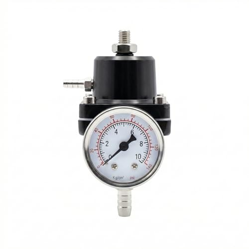 Universal Adjustable Fuel Pressure Regulator Kit 0-140 PSI Gauge Blue Aluminum FPR 11cm(4.33") Height for Gasoline Injection Performance (Black) - color: Black