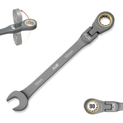 KJE Metric 90-Teeth 10 mm Flex-Head Ratcheting Combination Wrench, Cr-V, Nickel Plated, 12 Point Design, for Bicycle/Motorcycle/Mechanical Repair - size: 10mm