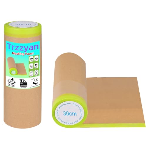 2 Roll 12Inchx50Feet Pre-Taped Masking Paper Roll - Heavy Painters Paper with Adhesive, Tear-Resistant for Auto Body, Wall Painting, Floor Protection, Furniture&DIY Projects (2, 12inch*50feet)