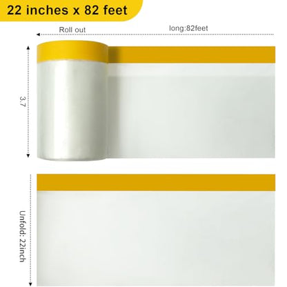 Pre-Taped Masking Film Film and Masking Tape in one Plastic Tape and Drape Roll Painters Plastic (3 Pack, Each roll 22" Wide x 82 feet Long) with one Dispenser