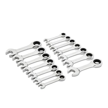 GEARWRENCH 14 Pc 72T Stubby Ratcheting SAE/mm Combination Wrench Set|85206 - size: 10mm 11mm 12mm 13mm 14mm 15mm 18 mm