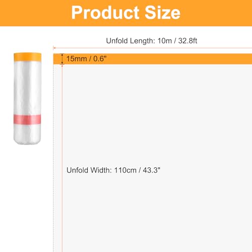 HARFINGTON 3Roll Pre-Taped Masking Film 43.3" x32.8ft for Painting Covering - size: 43.3"x32.8ft