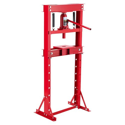 Heavy Duty 12 Ton Hydraulic Shop Press – H-Frame Power Equipment with Adjustable 8-Hole Table, Movable Plates for Bending, Straightening, Bearing & U-Joint Installation, Garage Floor Use – Red