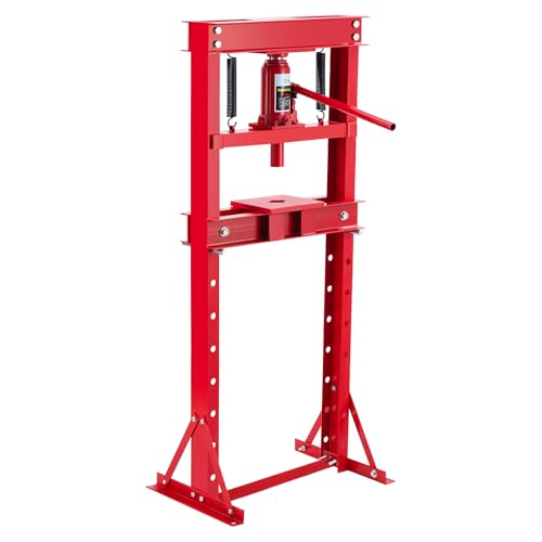 Heavy Duty 12 Ton Hydraulic Shop Press – H-Frame Power Equipment with Adjustable 8-Hole Table, Movable Plates for Bending, Straightening, Bearing & U-Joint Installation, Garage Floor Use – Red