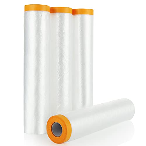 4 Rolls 8 x 66 Feet Plastic Sheeting, Painters Plastic Drop Cloths for Painting, Pre-Taped Masking Film Tape and Drape for Automotive Painting Covering, Furniture Floor Dustproof Cover - size: 8 x 66 feet