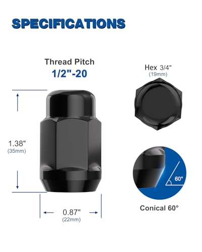 GAsupply 20pcs 1/2x20 Lug Nuts Black, 1.38" Tall 3/4" 19mm Hex Cone Seat - color: Black, size: 1/2"-20, style: 20 Pack