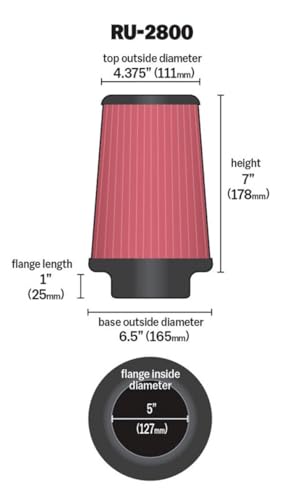 K&N High-Flow Original Lifetime Universal Clamp-On Air Filter: High Performance, Premium, Washable: Flange Diameter: 5 In, Filter Height: 7 In, Flange Length: 1 In, Shape: Round Tapered, RU-2800