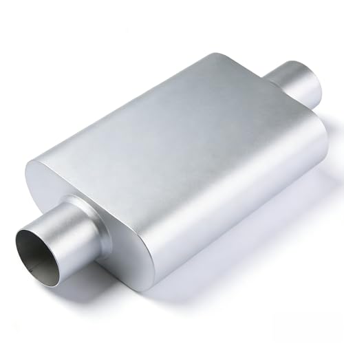 Universal 2.5" Dual Chamber Center Inlet Center Outlet Muffler – Aluminized Steel Silver, Aggressive Deep Sound, 17" Total Length - color: SILVER, size: 2.5 Inch
