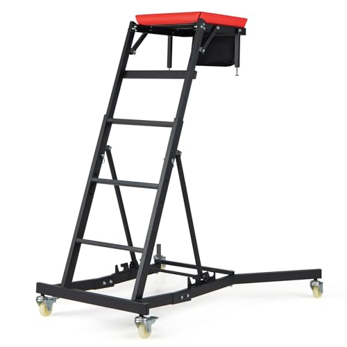 Topside Automotive Engine Creeper, Foldable Mechanic Creeper with 42"-69" Adjustable Height, Casters & Tool Pouch, 400 LBS Capacity Creeper for Truck, SUV & Garage Repair, Black & Red