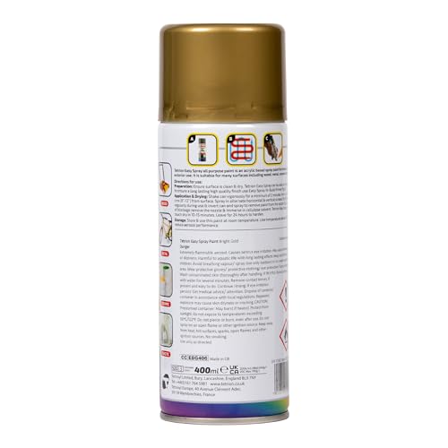 Tetrion Easy Spray Paint – Bright Gold 400ml - All-Purpose Fast Drying Acrylic Spray for Wood, Metal, Plastic, Ceramic & More, Smooth Base Coat - Indoor & Outdoor Use, 13.5 Oz - color: Gold - Bright, size: 13.5 Ounce (Pack of 1)
