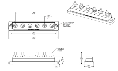 Blue Sea Systems 2126 250 Amp MaxiBus BusBar with 6 studs, 2126 - style: 250a - 6 Stud, No Cover