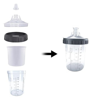 Disposable Paint Spray Gun Cup System for HVLP Paint Spray Paint Gun, Standard 13.5 Ounce (400ml) Kit with 50 Cups and Lids, 1 Hard Paint Mixing Cup with Retainer Ring and 20 Plugs. - color: Dis-400m1-50pcs
