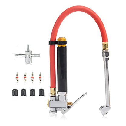 NEIKO 20701A Tire Inflator | 12 Inch | Flexible Air Tire Pressure Gauge | 20 – 120 PSI | 1/4” NPT Offset Dual Head Chuck | Tire Filler with Hose | Aluminum Body and Brass Valves | Stem Valve Caps - size: Tire Inflator
