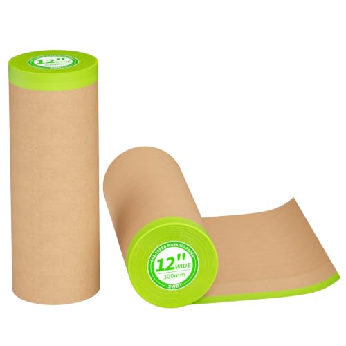 SWRT Pre-Taped Masking Paper for Painting, 12 in x 50 ft, 2-Roll - size: 2 Rolls: 12"