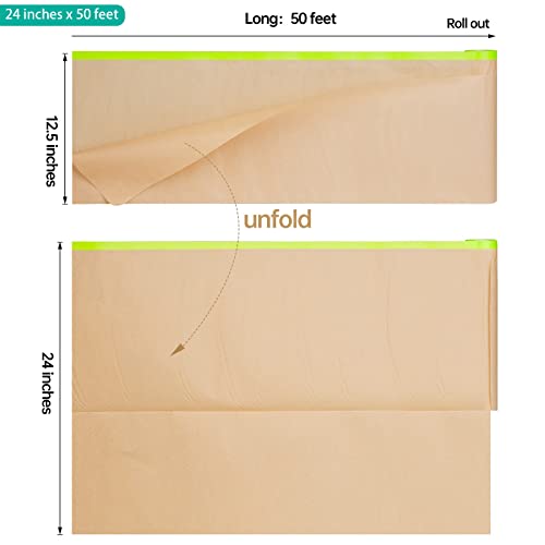 Tangibay Pre-Taped Masking Paper for Painting - 24 inch x 50 feet Tape and Drape Painters Paper, Paint Adhesive Protective Paper Roll for Covering Skirting, Frames, Cars and Auto Body (6 Rolls) - size: 6 Rolls: 24"