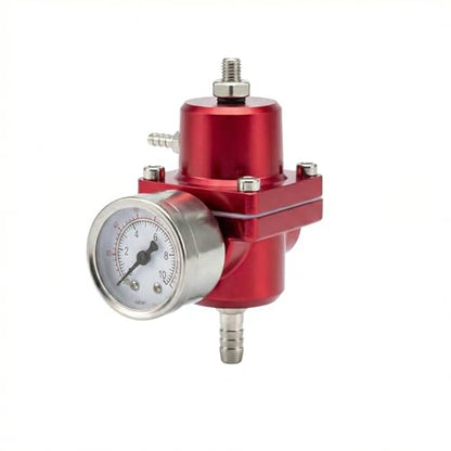Universal Adjustable Fuel Pressure Regulator Kit 0-140 PSI Gauge Blue Aluminum FPR 11cm(4.33") Height for Gasoline Injection Performance (Red) - color: Red