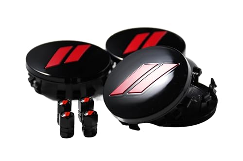 (Set of 4) 63mm=2.5 inches // Slash Wheel Center Caps Covers HubCaps + Tire Valve Stem Caps Trim for Dodge Charger Challenger Durango Hornet Dart R/T SRT Magnum Nitro Journey Caliber Avenger - color: red // on gloss black wheel caps + tire valve caps