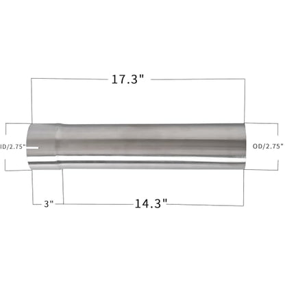 2.75 Inch Exhaust Pipe, T304 Stainless Steel (SS Tubo), Flared Slotted, Polished Finish, Tailpipe 17.3” L, 2 3/4” OD to ID Adapter, Straight Tubing - size: QK2.75-17.3