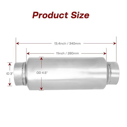Exhaust Muffler, 3 Inch Inlet Resonator Muffler Straight Stainless Steel, Universal Performance Muffler 13''/340mm Overall Length, Polished - size: 3''x 4.5''