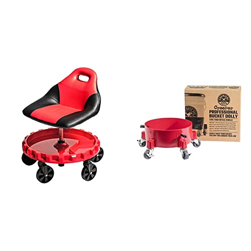 Traxion Progear Mobile Rolling Gear Seat with Equipment Tray and Chemical Guys Rolling Bucket Dolly