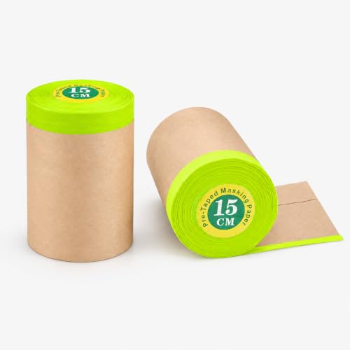 2 Pack 6 Inch x 50 Feet Pre-Taped Masking Paper for Painting, Premium Brown Kraft Painters Paper Roll with Tape, Precision Automotive Paint Masking Paper for Skirting, Window Frames, Detailing - size: 6 Inch