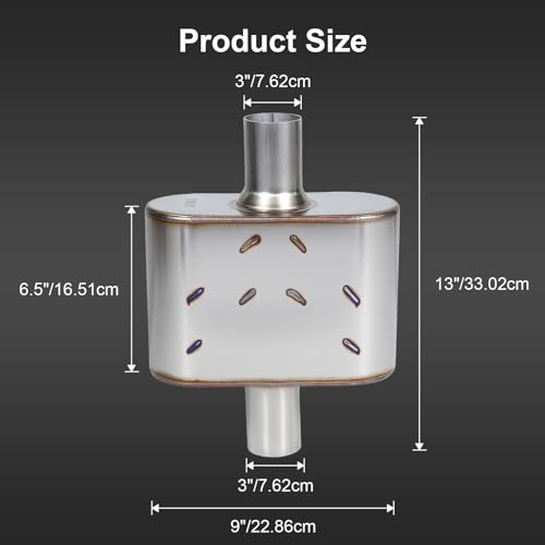 Performance Exhaust Muffler 3" Center In/Out Stainless 13” Length - size: 3" Center In/Out