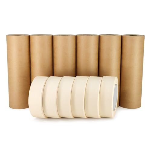 IDL Packaging Masking Paper and Tape Set - 9" x 60 Yards Brown Masking Paper (6 Rolls) and 1.41" x 60 Yards White Tape (6 Rolls) - Masking Kit for Painting Projects - Surface Protection - size: 9" X 60 Yards, style: SET White, Pack of 6