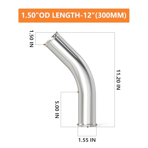 GASHER 1PCS 45 Degree Elbow Aluminum Alloy Tube Intercooler Pipe Air Intake Tube 1.5"OD, Leg Length 12" (300mm) with Bead Roll - color: 45 degree（With Clamps）, size: 1.5"OD (1 PC)