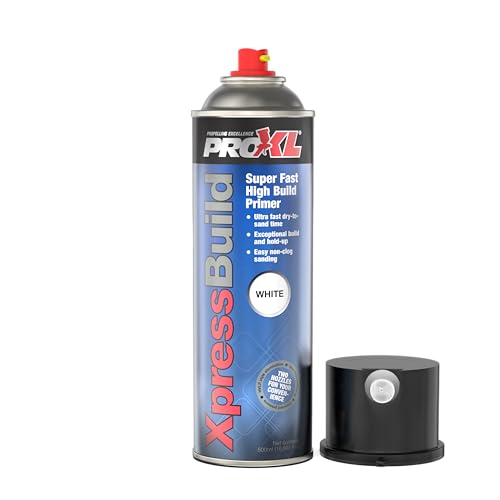 ProXL XpressBuild Super High Build White Primer Aerosol - 500 ml | Ultra Fast-Drying White Primer Filler | Fills Scratches & Sanding Marks | Excellent Adhesion on Metal & Plastic | Sandable in 20 Minutes | Vari-Nozzle Included