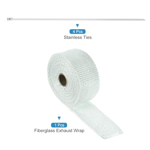MECCANIXITY Fiberglass Exhaust Wrap Tape 2" x 16' White with 4 Ties - color: White, size: 2" x 16'