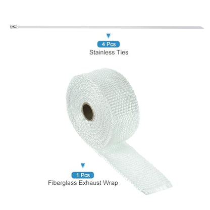 MECCANIXITY Fiberglass Exhaust Wrap Tape 2" x 16' White with 4 Ties - color: White, size: 2" x 16'