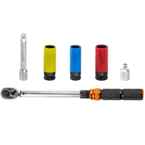 1/2 Inch Drive Click Torque Wrench Set for Tire Changes | 10-170 ft-lb/13.6-230.5 Nm, ±3% Accuracy, 17/19/21 mm Lug Nut Sockets, 72-Tooth Ratchet, Storage Case - size: 1/2" Drive, 6-Piece