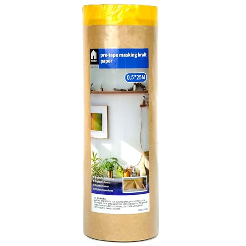 Voomey Pre-Taped Masking Paper for Painting - 20 inch x 82 feet Tape and Drape Painters Paper, Paint Adhesive Protective Paper Roll for Covering Skirting, Frames, Cars and DIY Projects - size: 500mm*25m, style: Standard Roll