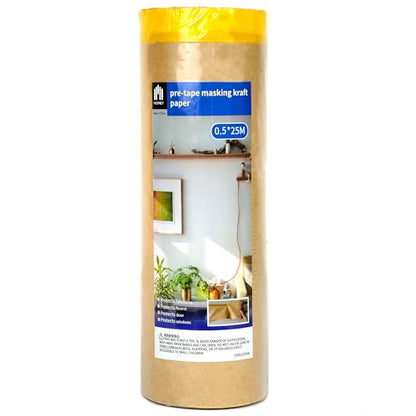 Voomey Pre-Taped Masking Paper for Painting - 20 inch x 82 feet Tape and Drape Painters Paper, Paint Adhesive Protective Paper Roll for Covering Skirting, Frames, Cars and DIY Projects - size: 500mm*25m, style: Standard Roll