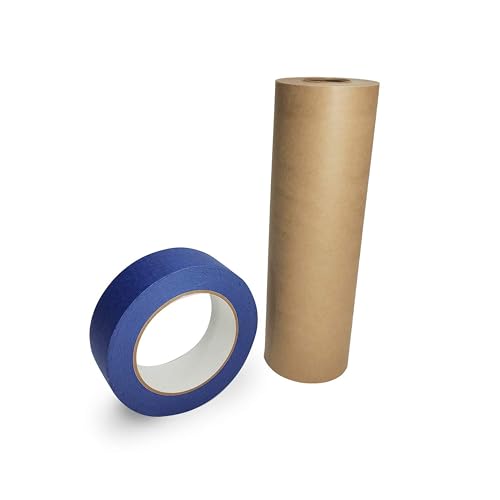 Masking Paper and Tape Set - 9" x 60 Yards Brown Masking Paper (1 Roll) and 1.41" x 60 Yards Blue Tape (1 Roll) - Masking Kit for Home Improvements - Painter’s Tape with Paper - color: 09"x180', Brown, size: 1 Roll + Tool