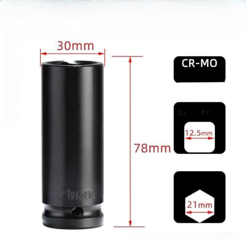 21mm 1/2" Drive Deep Impact Socket, 6-Point Metric - Heavy Duty for Lug Nuts & Axle Shafts. Deep Socket & Impact Socket for Wrenches & Sets. - size: 21mm