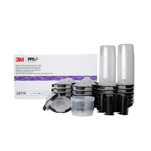 3M PPS 2.0 Spray Gun Cup, Lids and Liners Kit, 26114, Mini, 6 Ounces, 200-Micron Filter, Use for Cars, Furniture, House and More, 1 Paint Cup, 50 Disposable Lids and Liners, 32 Sealing Plugs, White - size: Mini, 200-Micron Filter