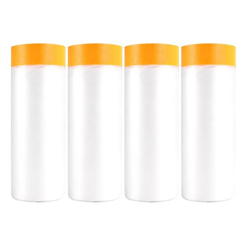 Pre-Taped Masking Film Painters Plastic with Tape 4 Rolls 5 x 65 Feet Paint Adhesive Protective Film Clear Drop Cloth for Painting Automotive Covering and Appliance Protection - size: 5*65 Feet